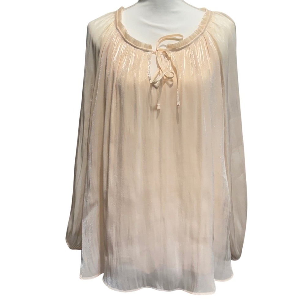 LC Lauren Conrad Blouse Top Womens Long Sleeve Tie Neck‎ Beige Sheer